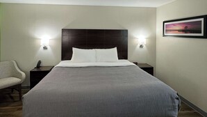 A hotel room with a large bed, two bedside tables with lamps, a chair, and a framed picture on the wall. - Quality Inn Sulphur - Lake Charles (Sulphur)