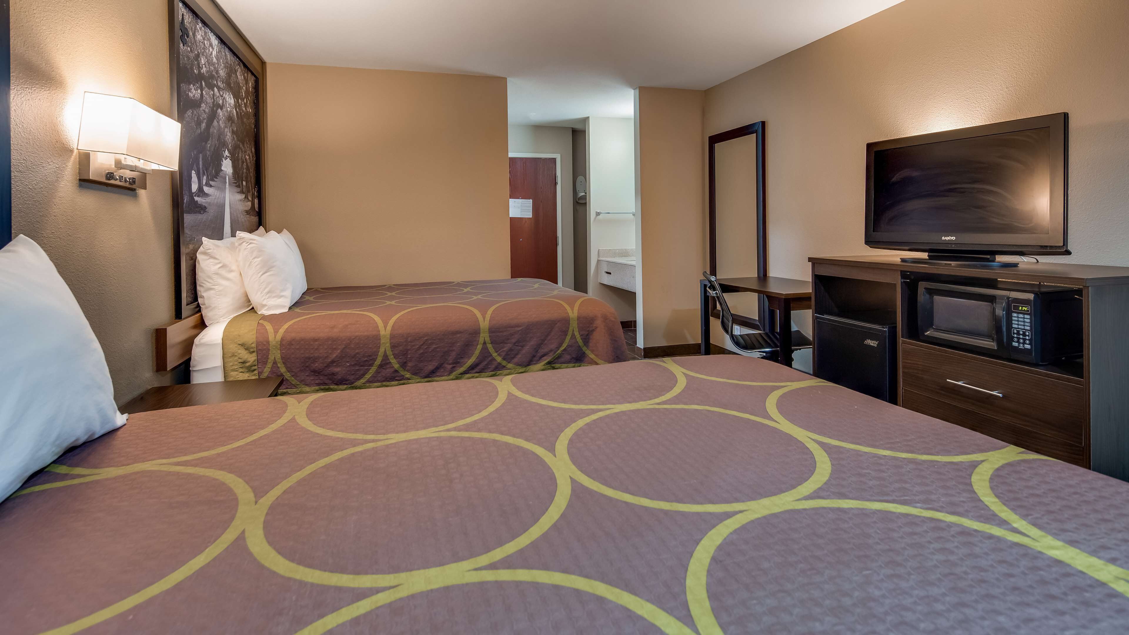 Une chambre d’hôtel avec deux lits, une télévision, un four à micro-ondes et un bureau.