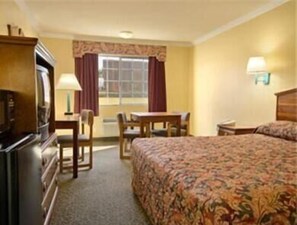 Desk, laptop workspace, blackout curtains, iron/ironing board