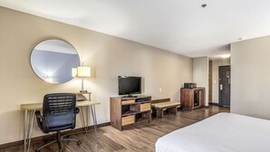A hotel room with a bed, desk, chair, television, and a mirror.