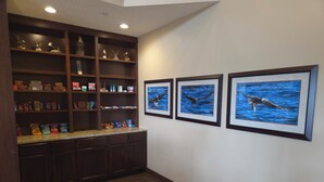 A kitchen with wooden cabinets, a granite countertop, and three framed pictures of birds. - MainStay Suites LeClaire - Quad Cities (Le Claire)