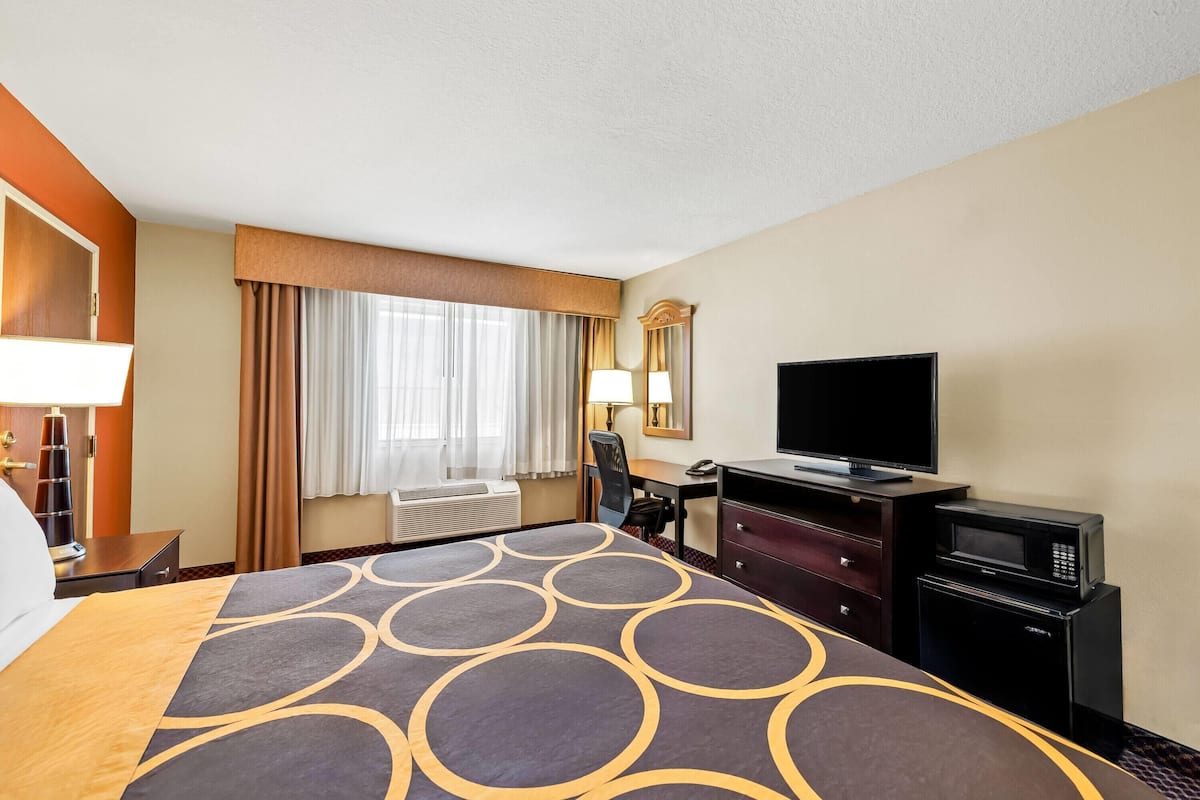 A hotel room with a bed, a desk, a television, a microwave, and a window with curtains.