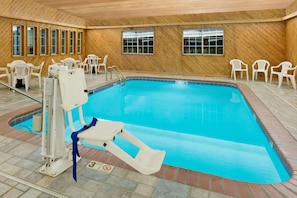 Indoor pool, open 8 AM to 10 PM, sun loungers