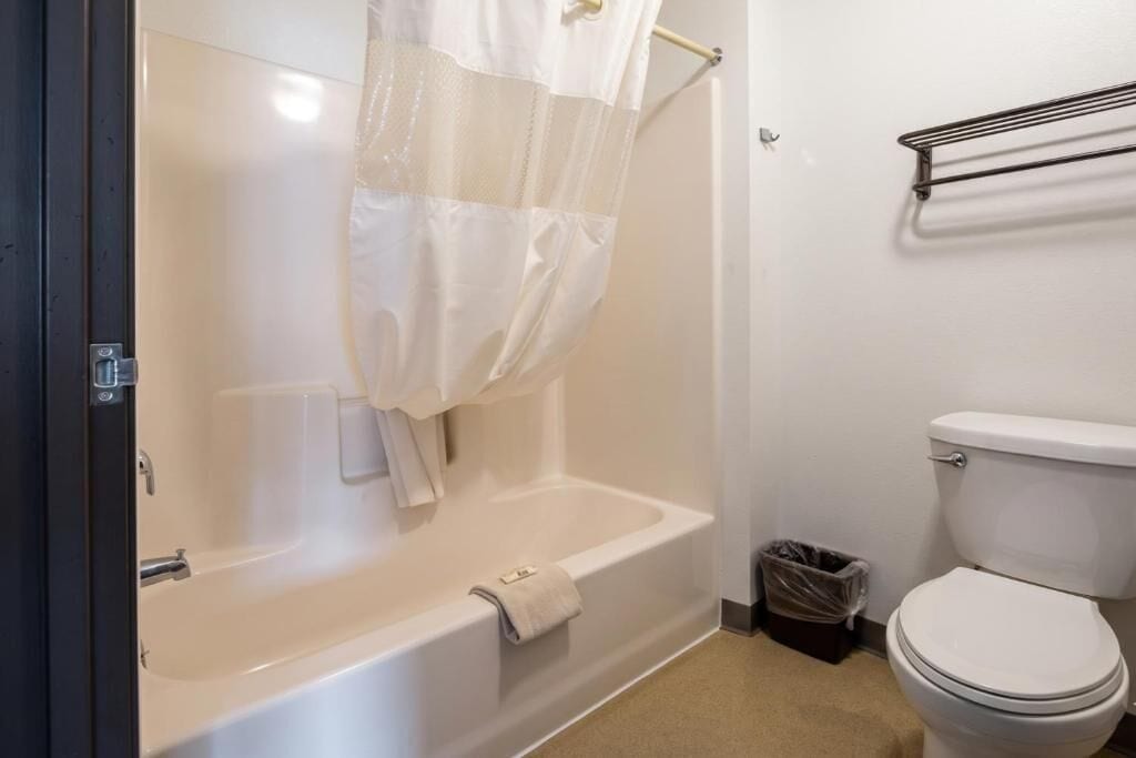 Un bagno con una vasca, un water e un cestino.