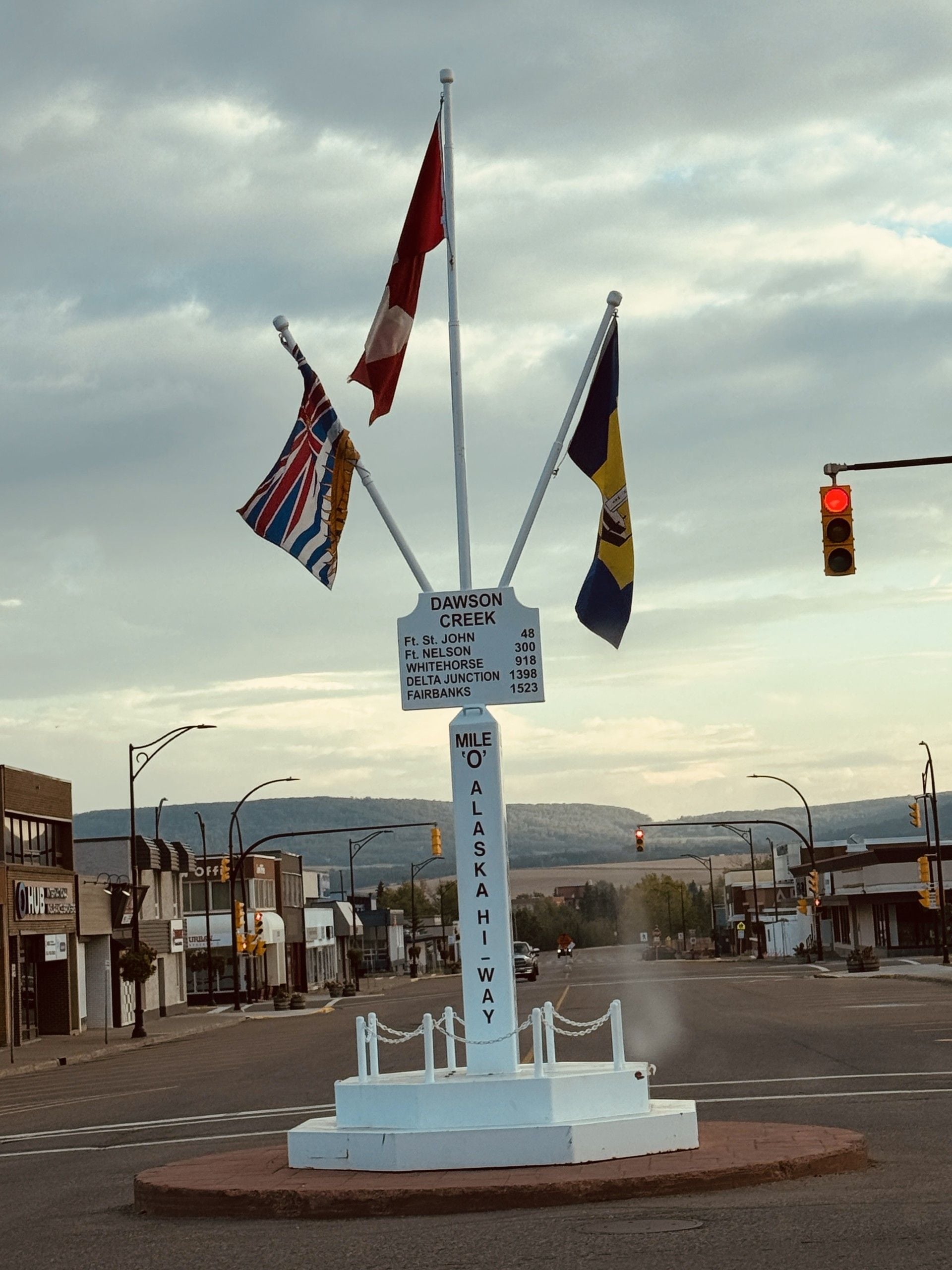 Un panneau de signalisation avec plusieurs drapeaux et un indicateur kilométrique indiquant « O’AKAHI-WAY ».