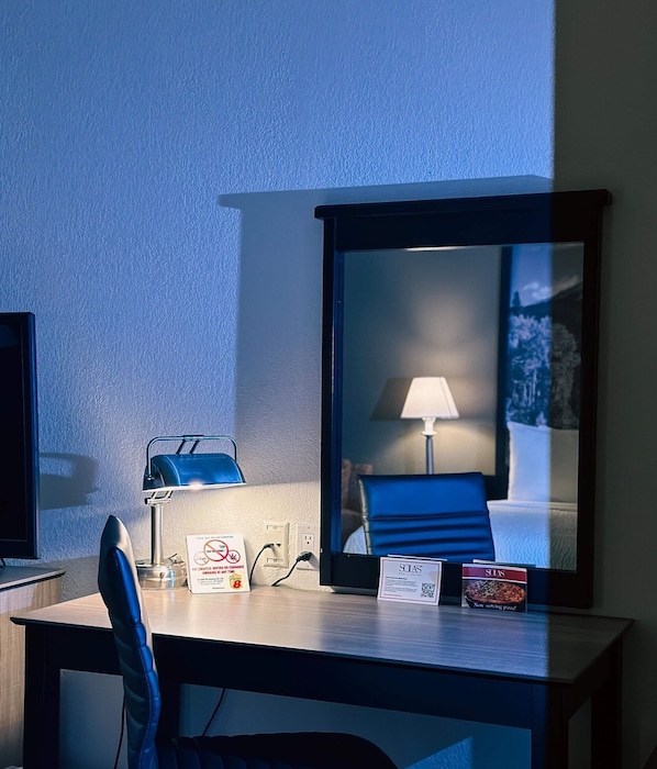 Hypo-allergenic bedding, pillow-top beds, desk, blackout curtains