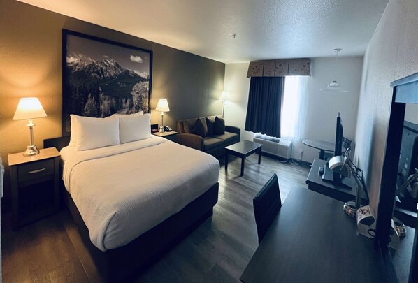 Hypo-allergenic bedding, pillowtop beds, desk, blackout drapes