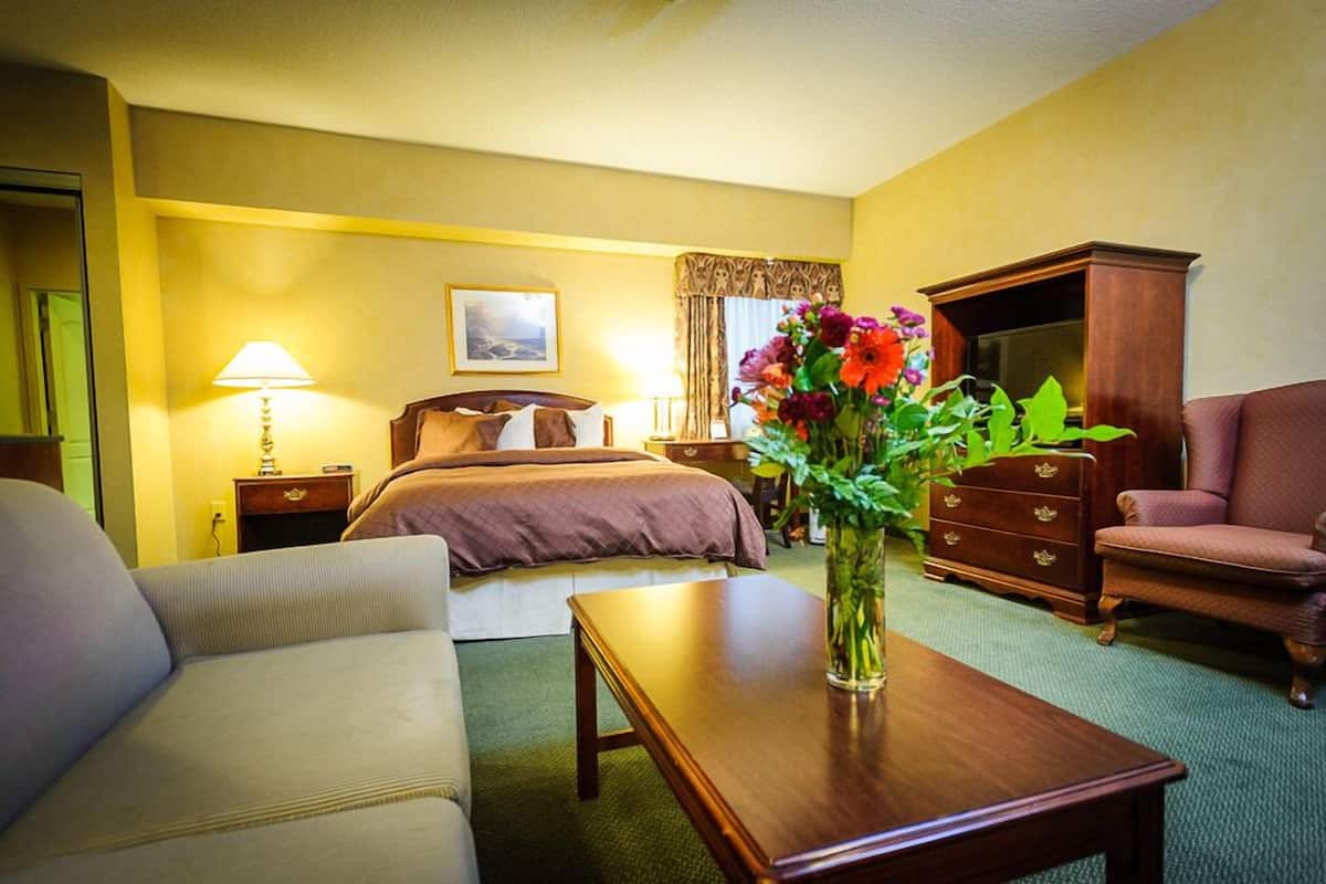 A hotel room with a bed, a sofa, a wooden table, a dresser, and a lamp.