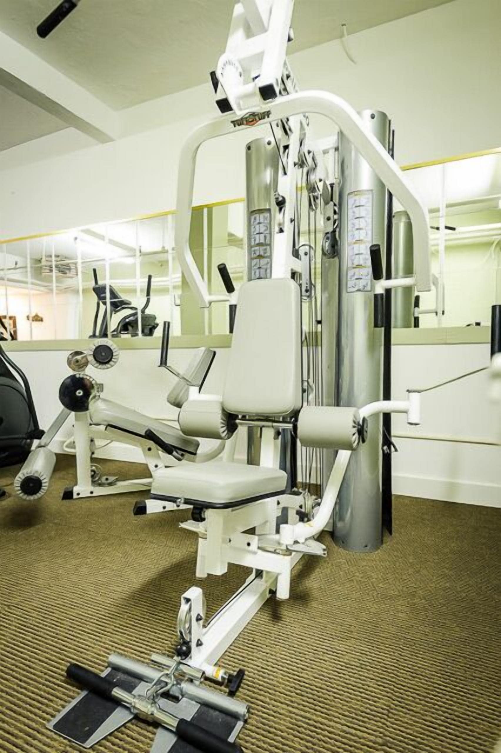 Une salle de sport équipée de matériel d’exercice, dotée d’un miroir et d’un sol recouvert de moquette.