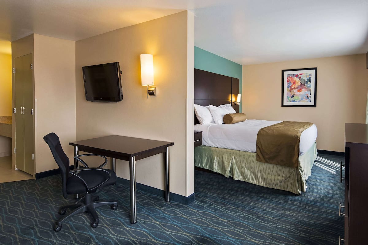 Quarto de hotel com cama, escrivaninha, cadeira, televisão e um quadro na parede.