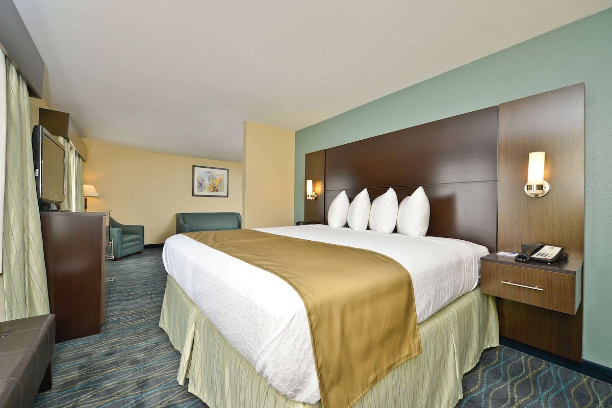 Quarto de hotel com uma cama grande, uma mesa, uma cadeira e uma televisão.