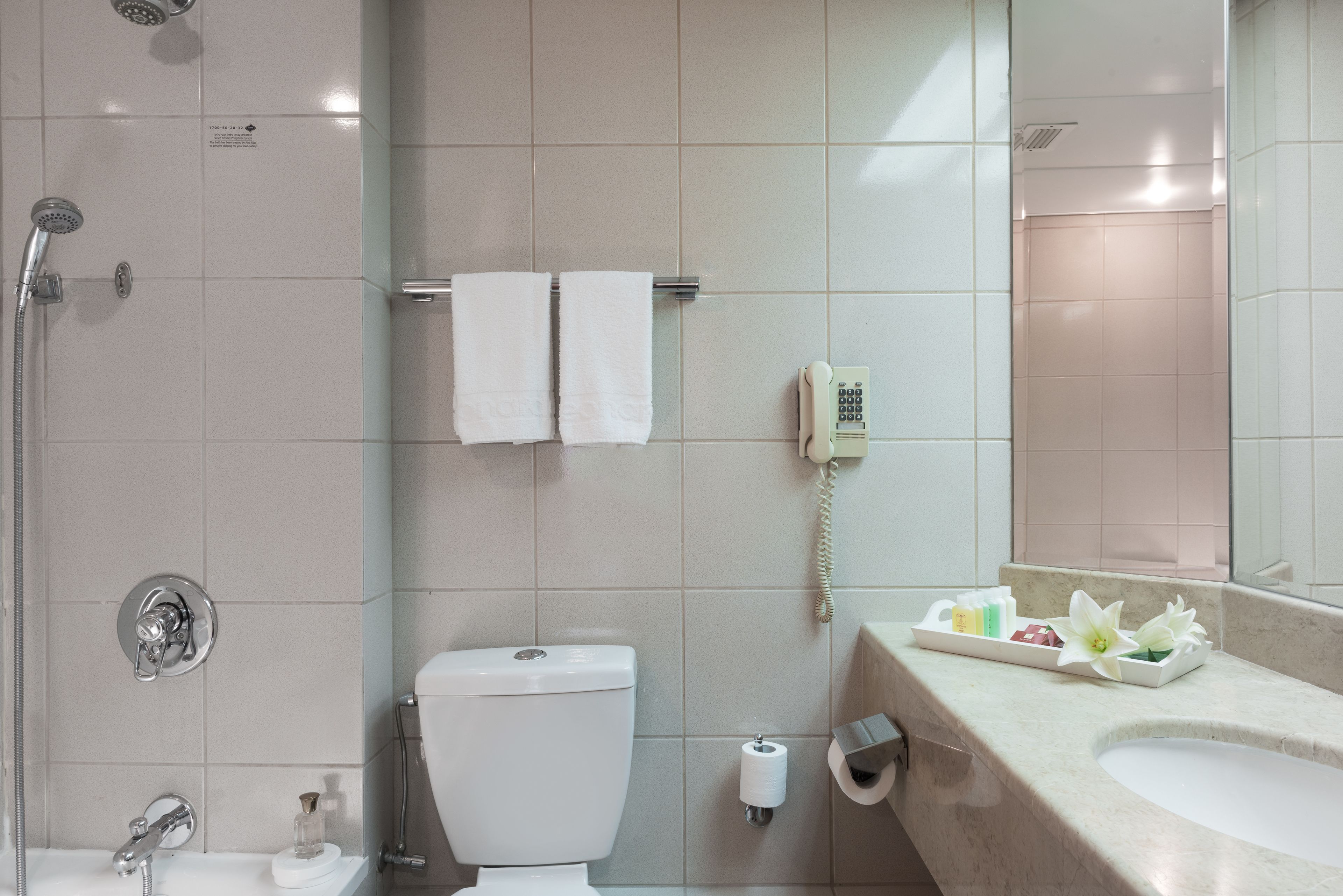 A bathroom with a toilet, sink, shower, and a mirror.