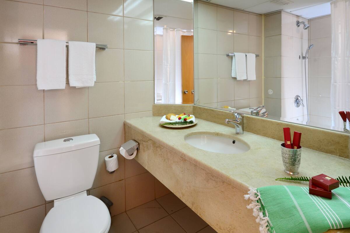 Een badkamer met toilet, wastafel en douche. Handdoeken hangen aan de muur en er ligt een groene handdoek op het aanrecht.