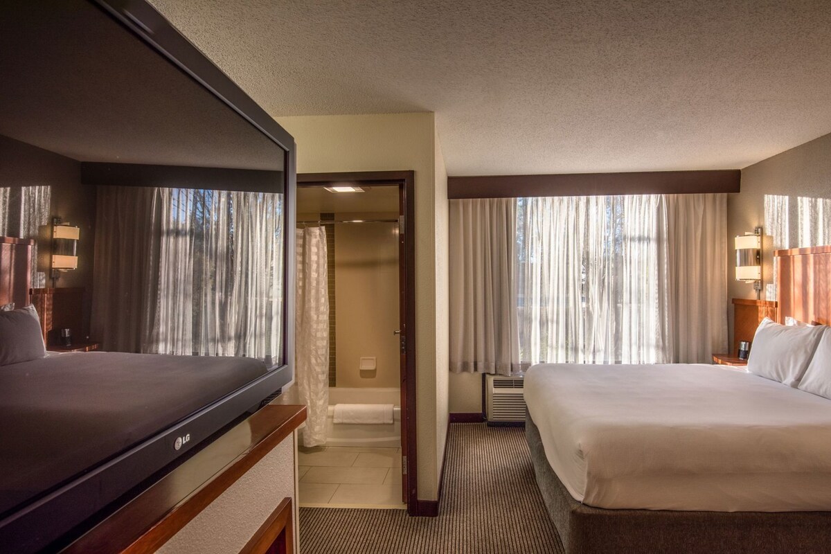 A hotel room with a TV, a bed, a bathroom, and a shower.