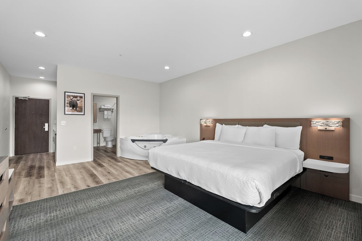 A modern hotel room with a large bed, a bedside table, a built-in bench, a shower area, and a toilet.