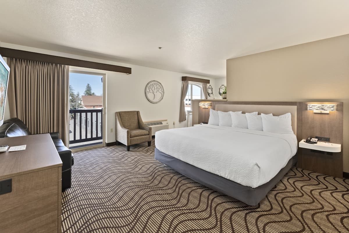 A hotel room with a large bed, a desk, a chair, and a view of the outdoors.