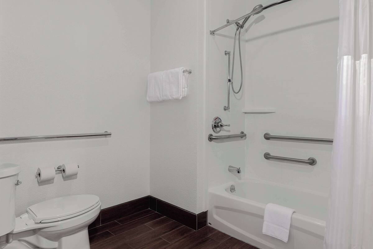 combined shower/bathtub, free toiletries, hair dryer, towels