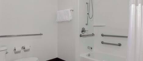 A modern bathroom with a toilet, bidet, and a walk-in shower with grab bars.