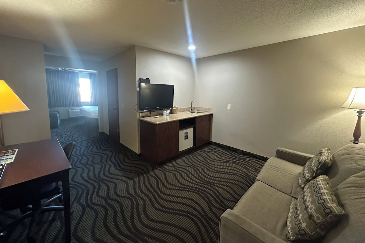 Une chambre d’hôtel équipée d’une kitchenette, d’une télévision, d’un canapé et d’un tapis à motifs.