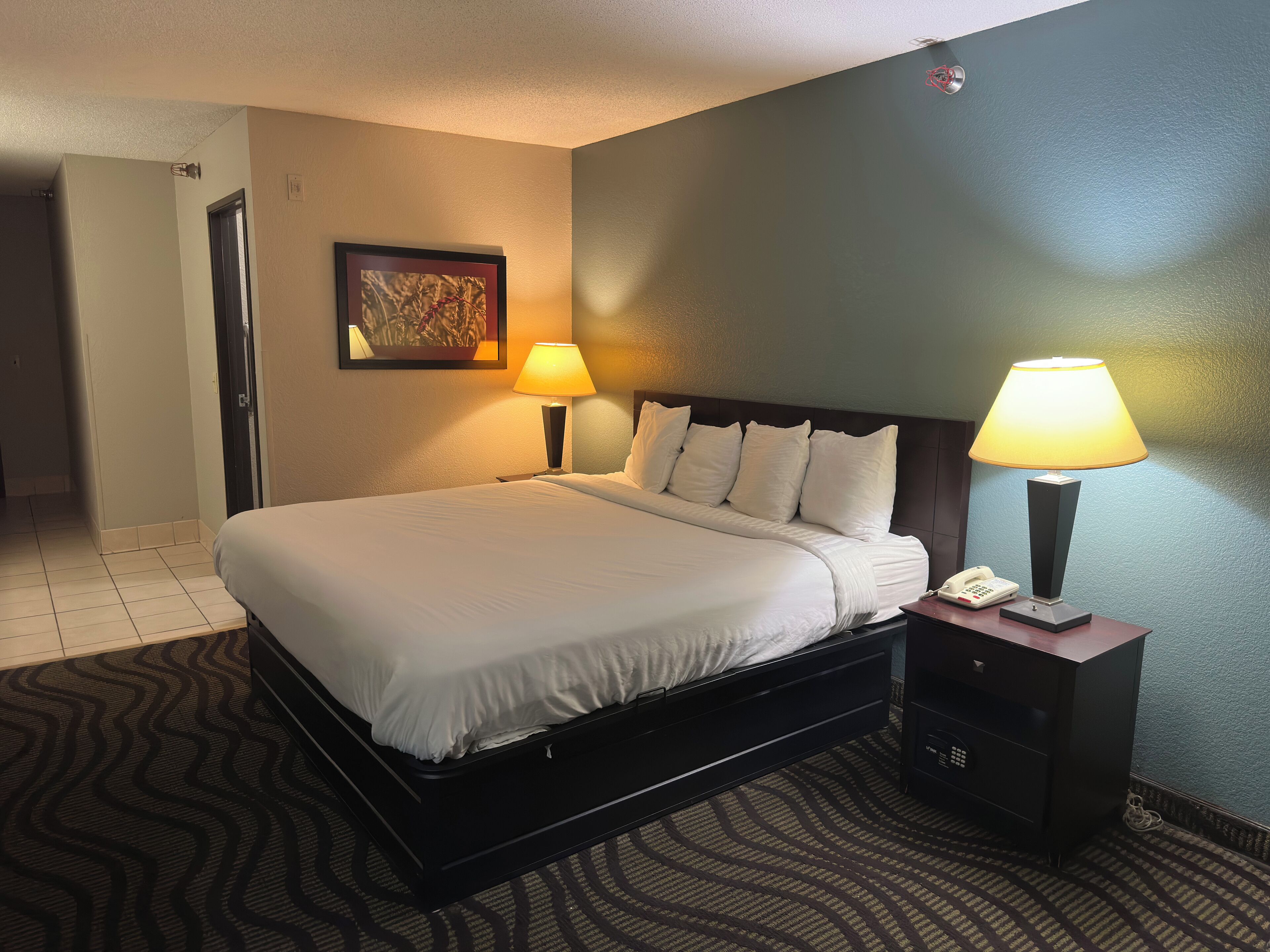 A hotel room with a bed, two bedside lamps, a telephone, and a framed picture on the wall.