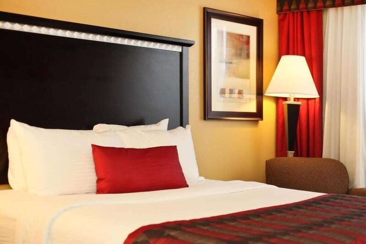 Una habitación de hotel con una cama, un cuadro en la pared, una lámpara y una silla.