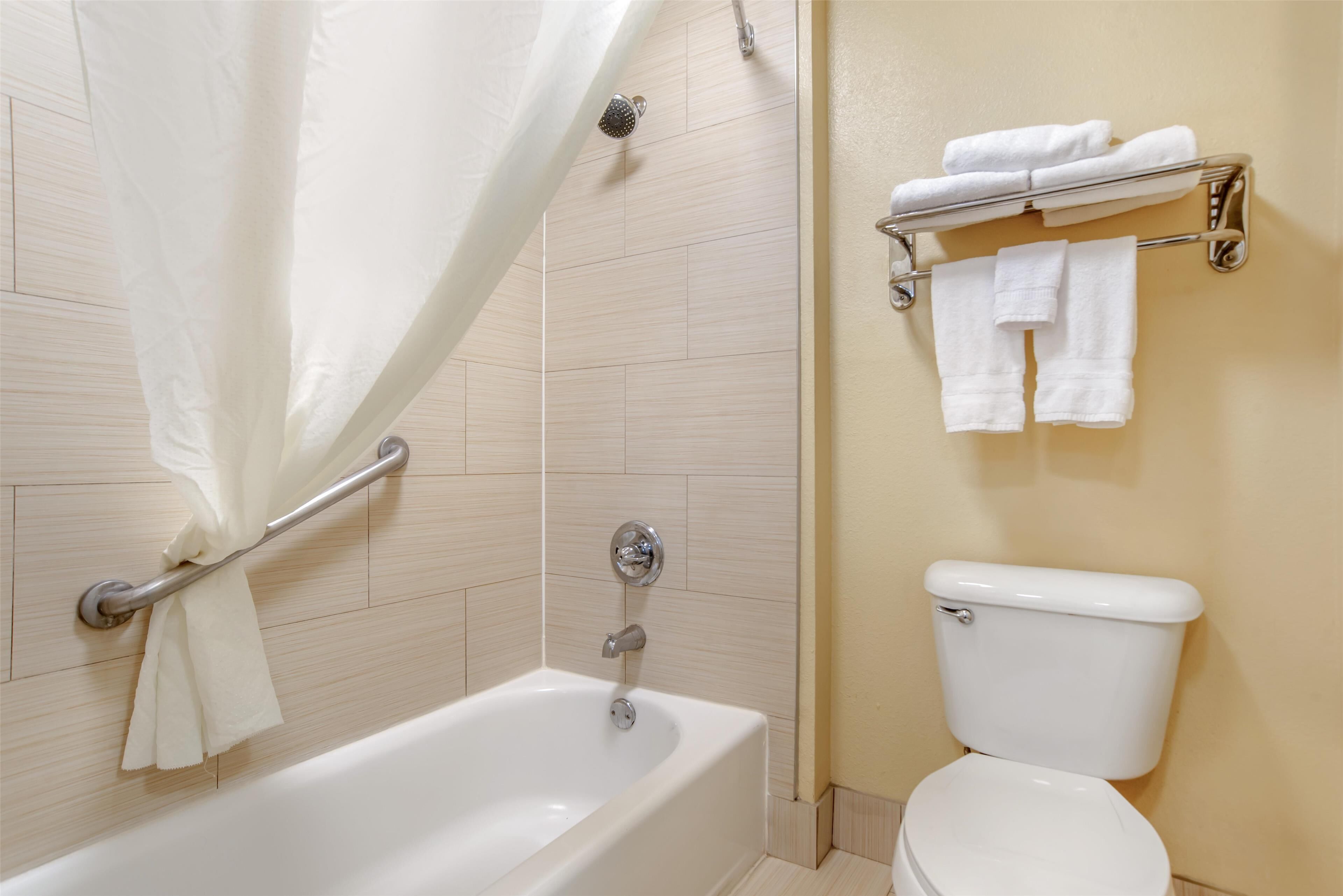 combined shower/bathtub, free toiletries, hair dryer, towels
