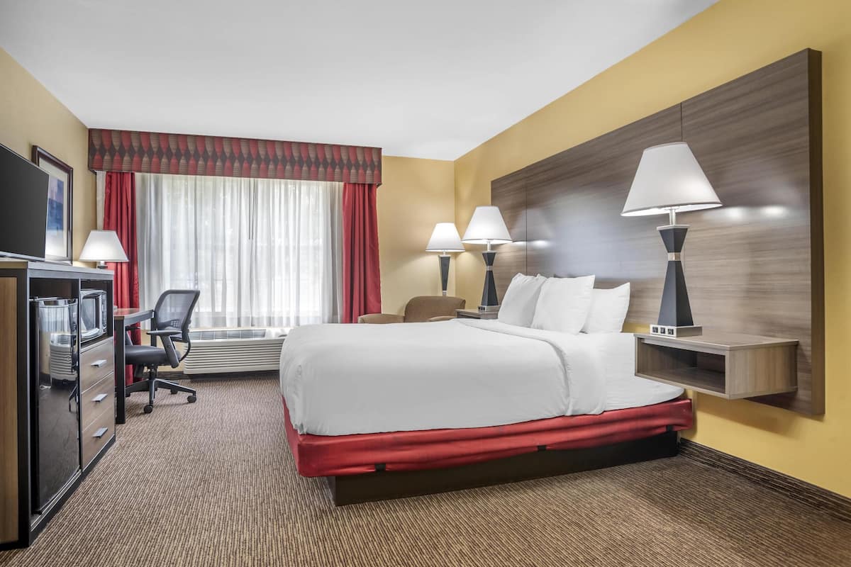 Una habitación de hotel con cama, escritorio, silla, lámparas y televisión.