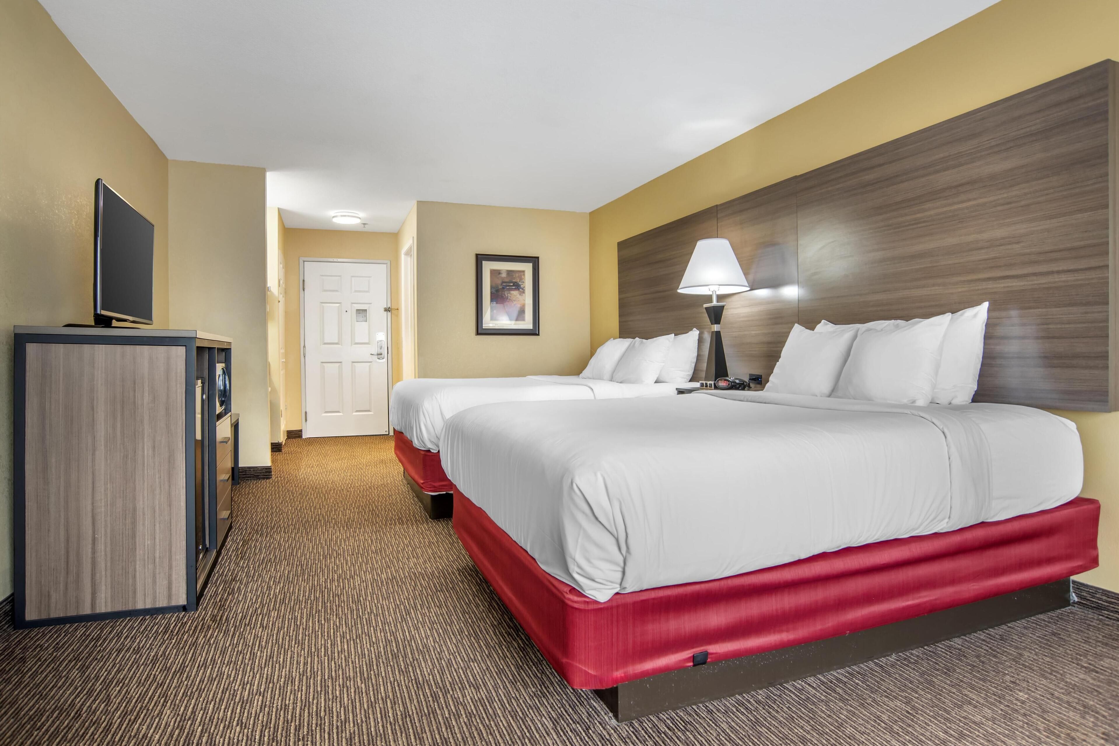 A hotel room with two beds, a TV, a lamp, and a framed picture on the wall.
