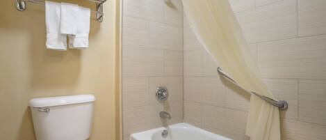 A bathroom with a toilet, a bathtub, and a shower.