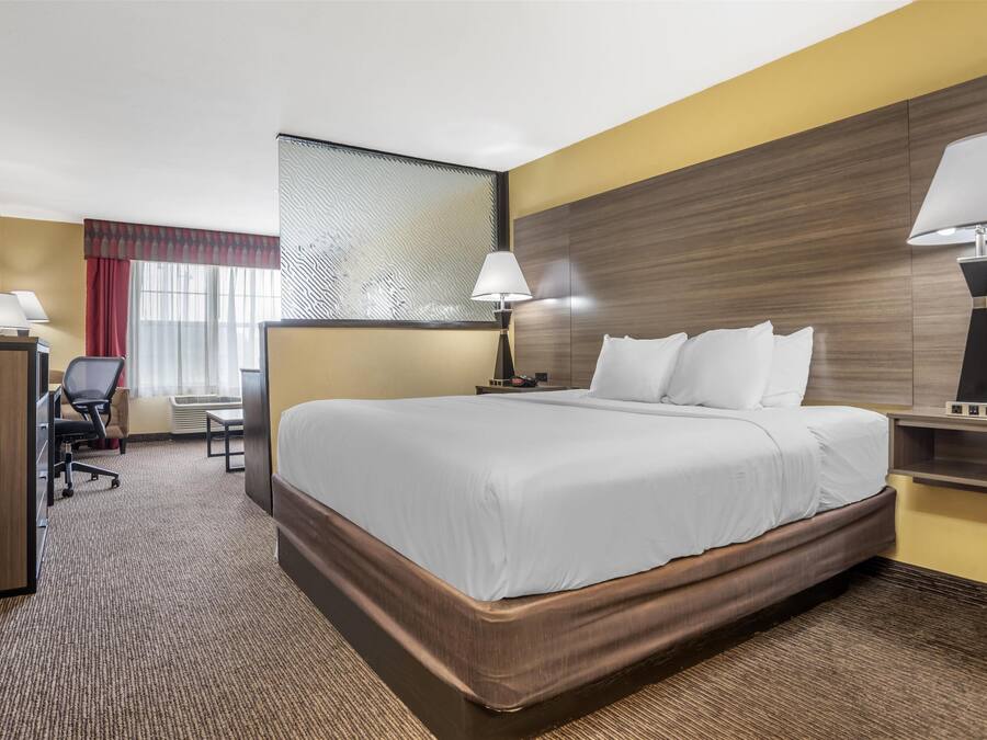 A hotel room with a large bed, a desk with a chair, a TV, and a lamp.