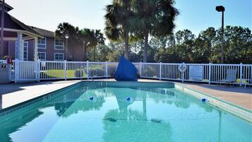 Relax by the pool surrounded by palm trees and lounge chairs.