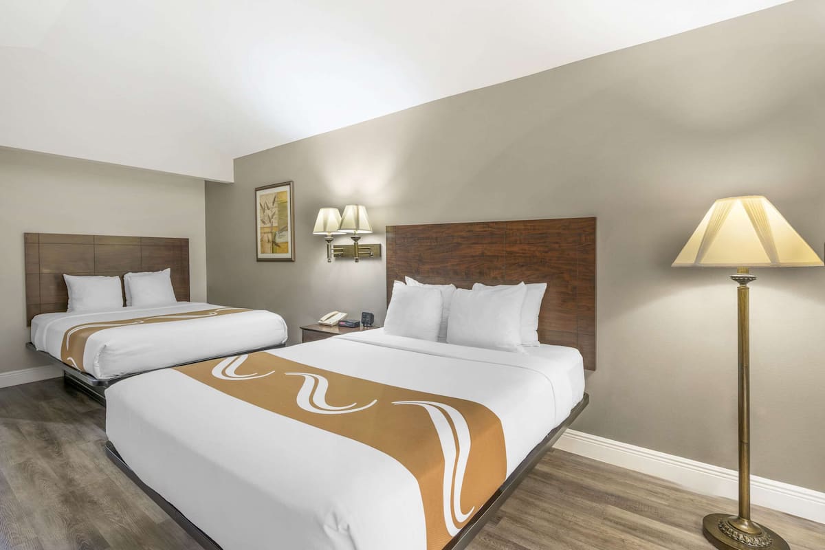 A hotel room with two beds, a nightstand, a lamp, and a painting on the wall.