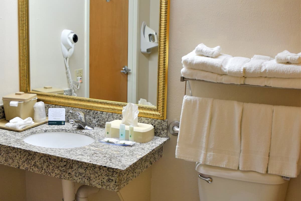 standard room, 2 queen beds, non smoking | bathroom | combined shower/bathtub, free toiletries, hair dryer, towels