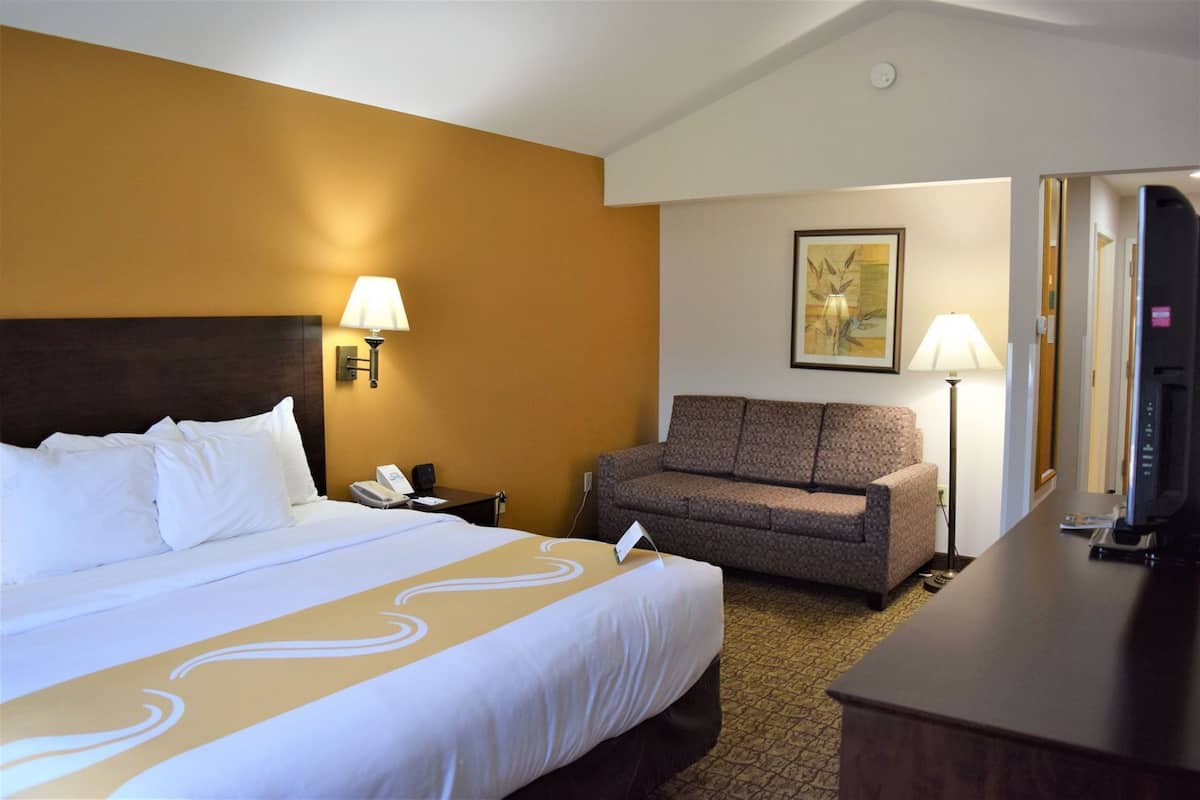 A hotel room with a bed, a sofa, a desk with a television, a lamp, and a painting on the wall.