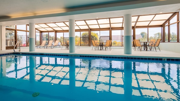 Indoor pool, open 7:00 AM to 9:00 PM, sun loungers