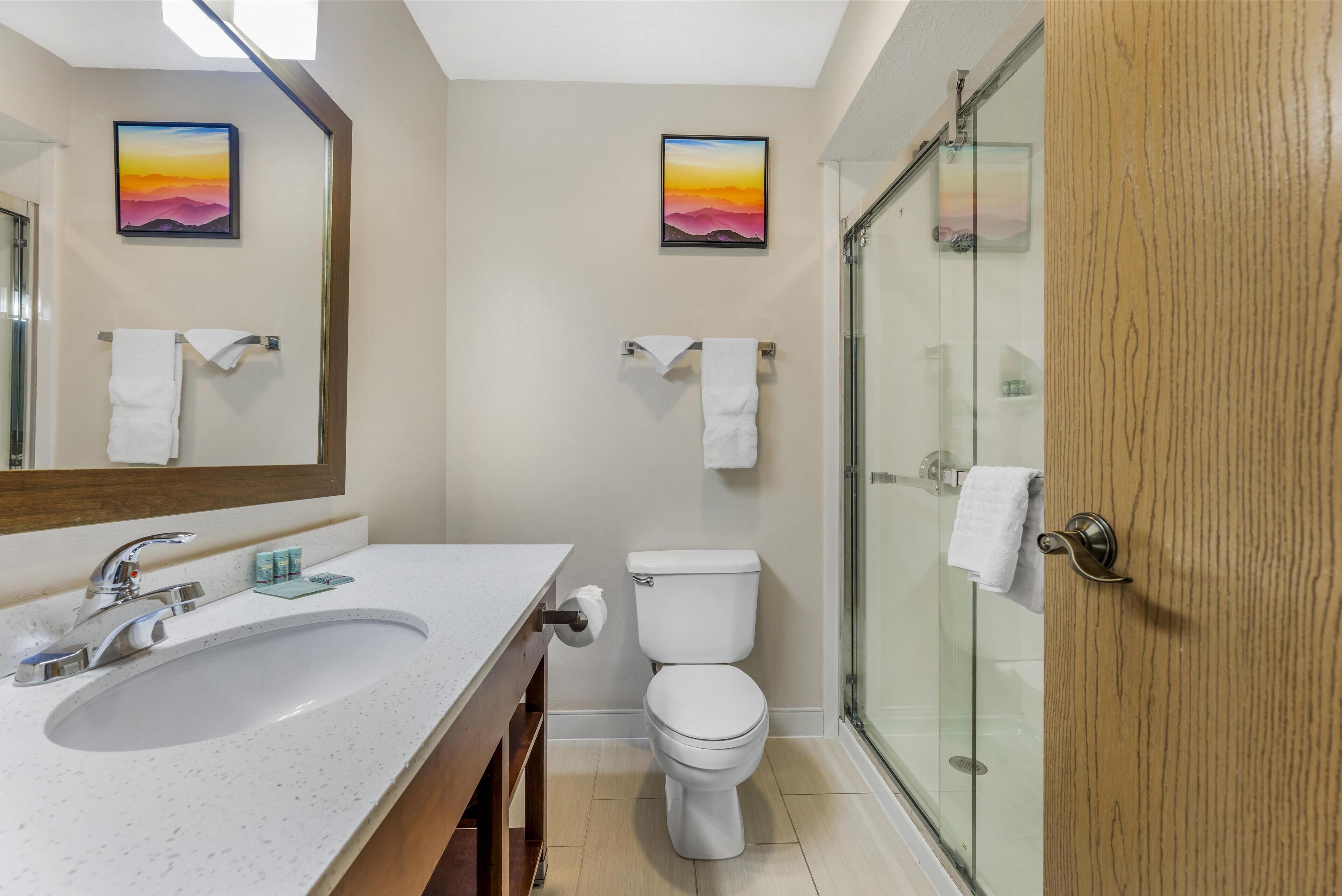 Un baño moderno con un lavamanos grande, inodoro y cabina de ducha de cristal.