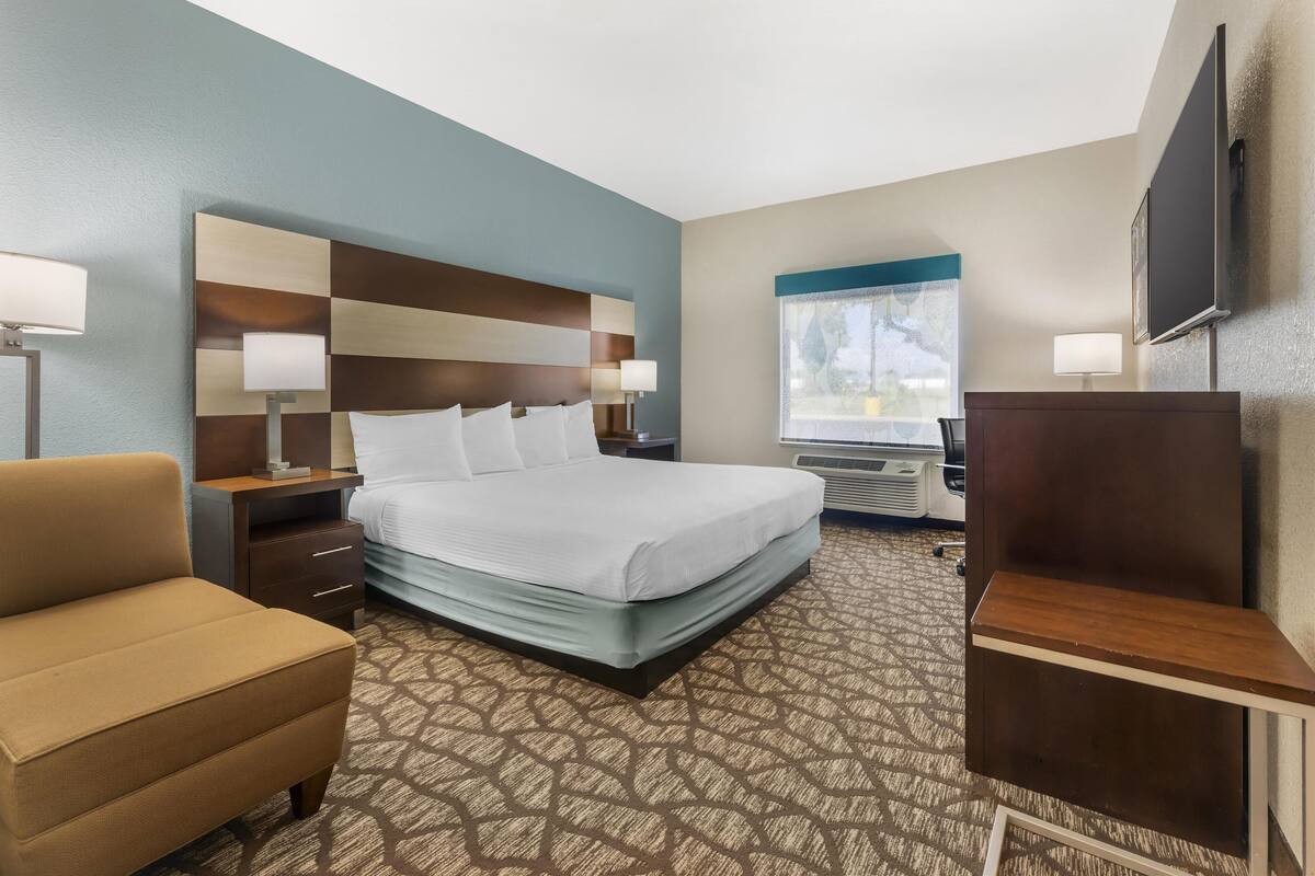 A hotel room with a large bed, a desk, a chair, a TV, and a window with a view of trees.