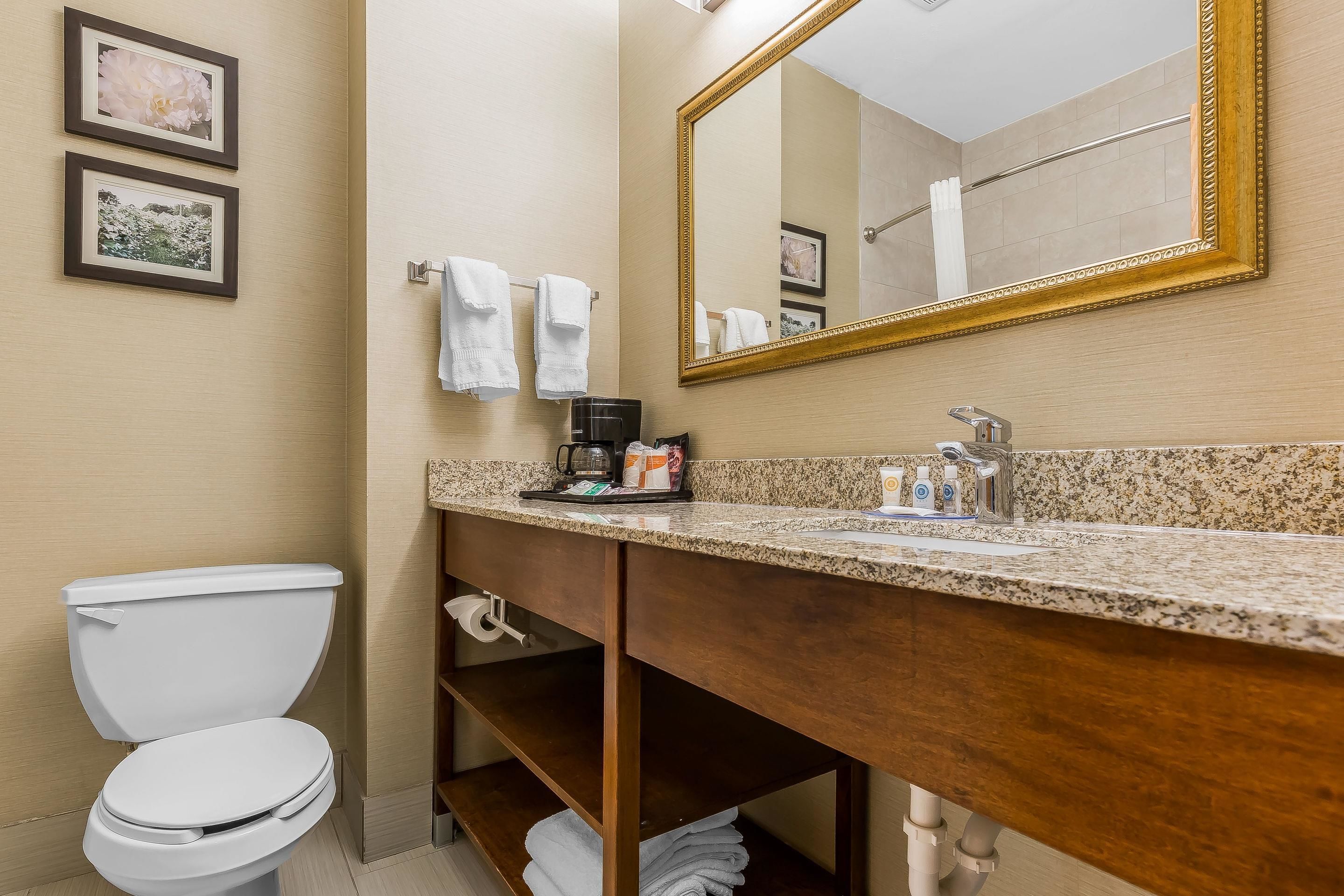 Combined shower/bathtub, free toiletries, hair dryer, towels