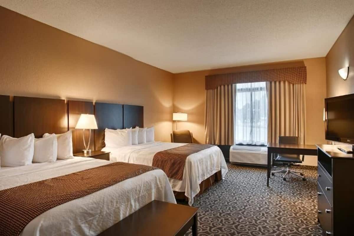 room, 2 queen beds | in-room safe, desk, laptop workspace, iron/ironing board