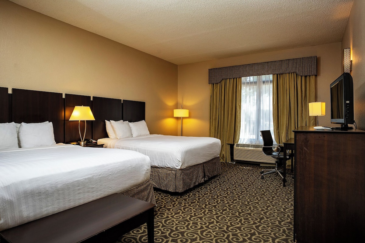 standard room, 2 queen beds | in-room safe, desk, laptop workspace, iron/ironing board