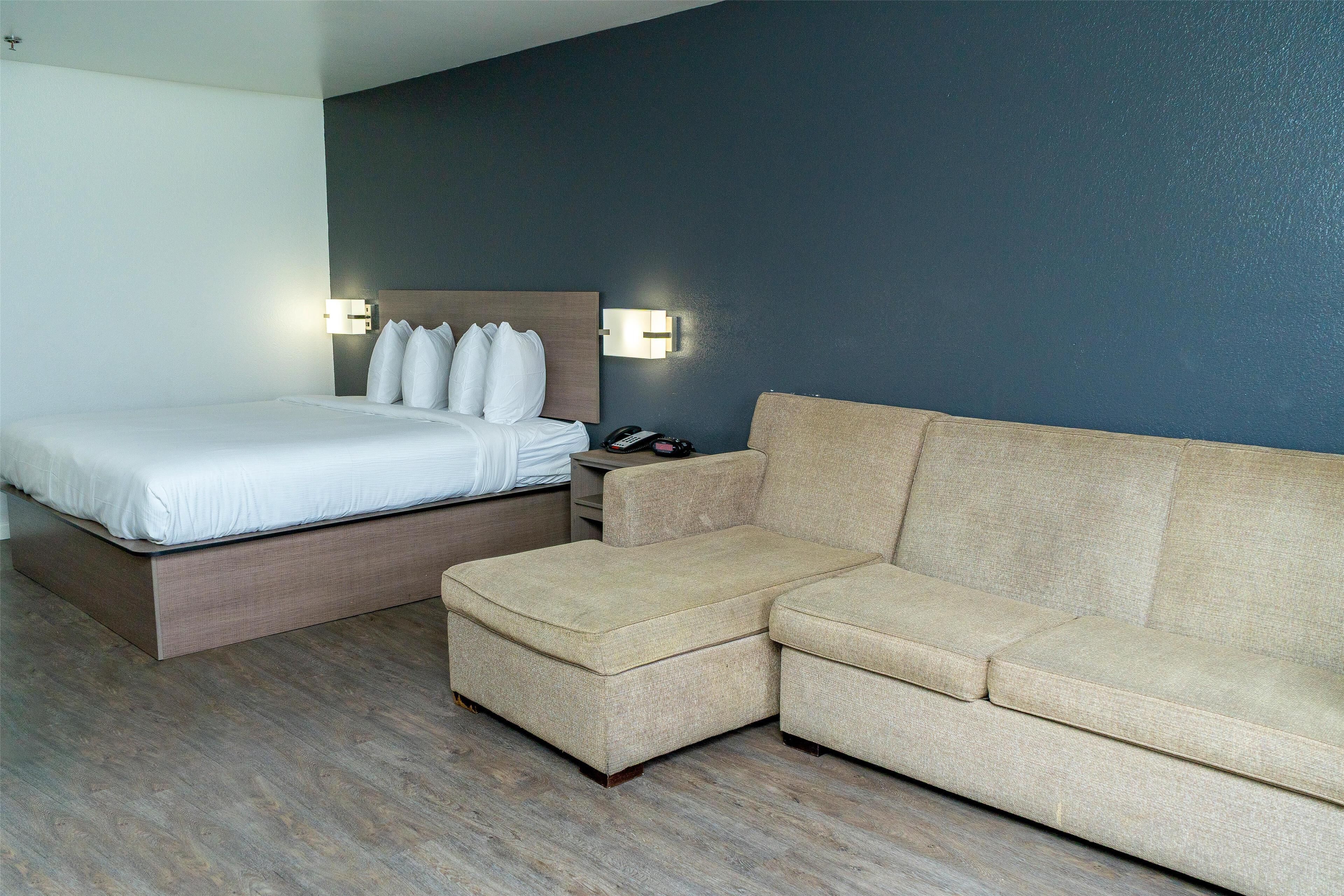 Una habitación de hotel moderna con cama, sofá y mesita de noche.