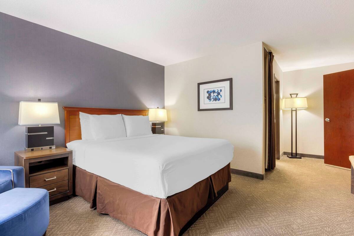 A hotel room with a large bed, two bedside tables with lamps, a desk, a chair, and a framed picture on the wall.