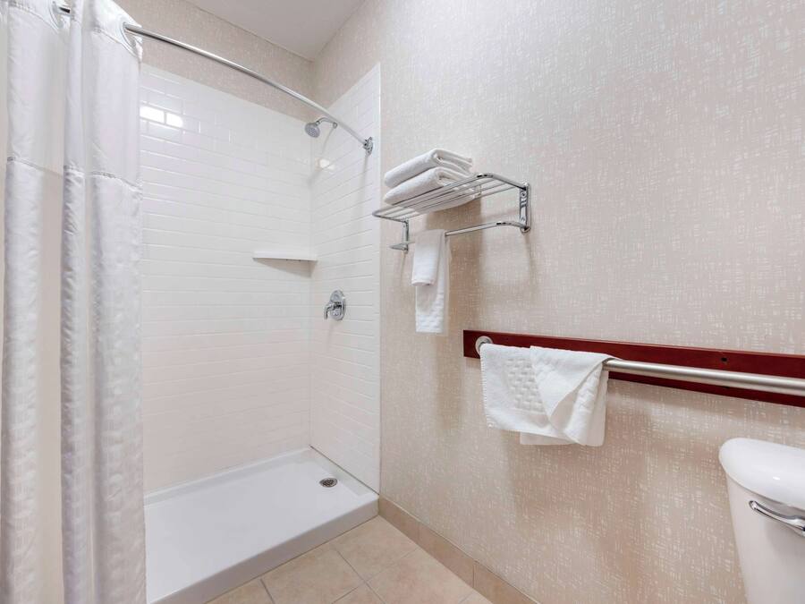 A bathroom with a shower, toilet, and towel rack.