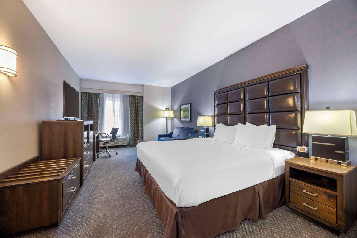 A hotel room with a large bed, a desk, a chair, and a TV.