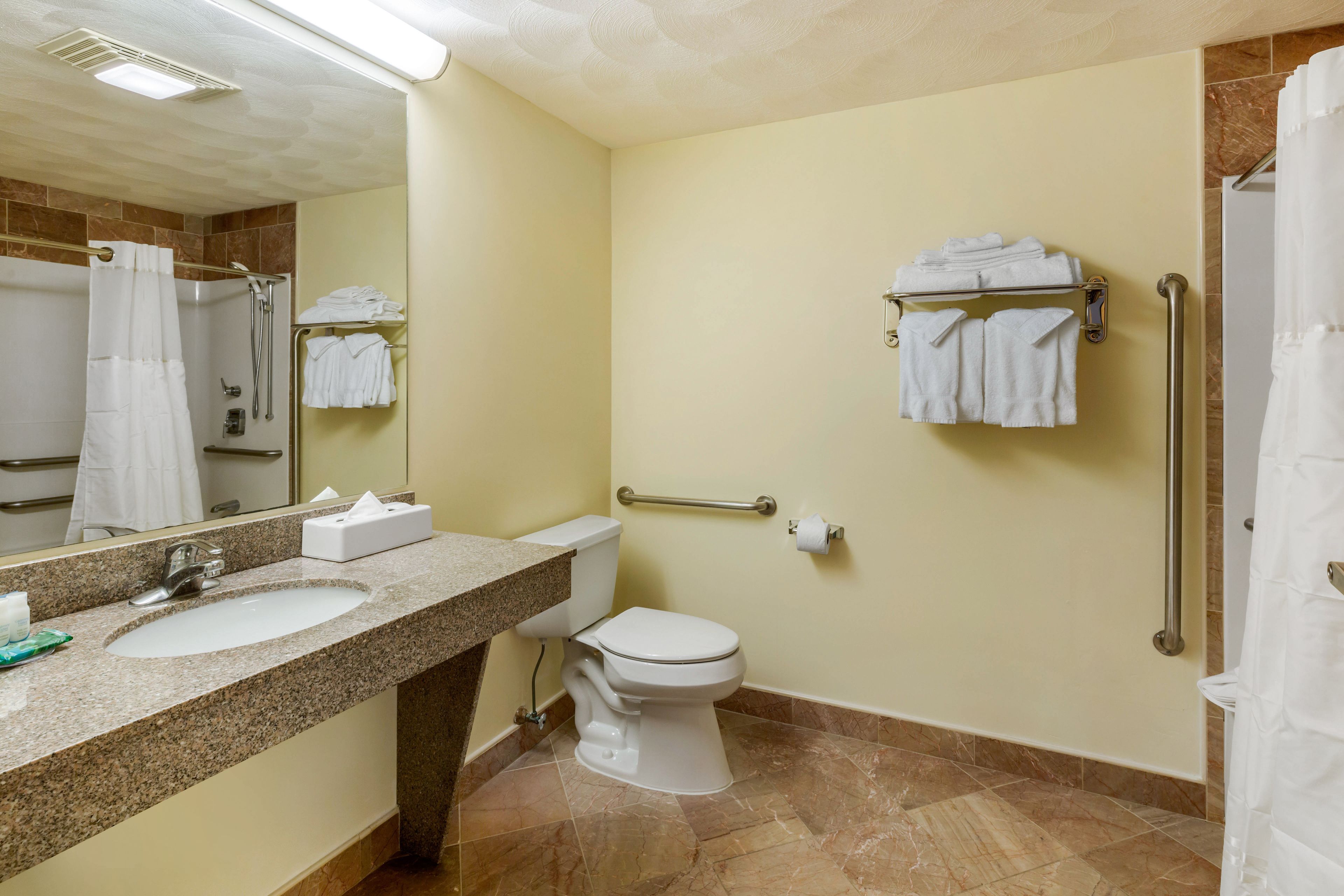 A bathroom with a sink, toilet, and a shower area.