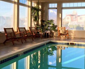Indoor pool, open 8:00 AM to 10:00 PM, sun loungers