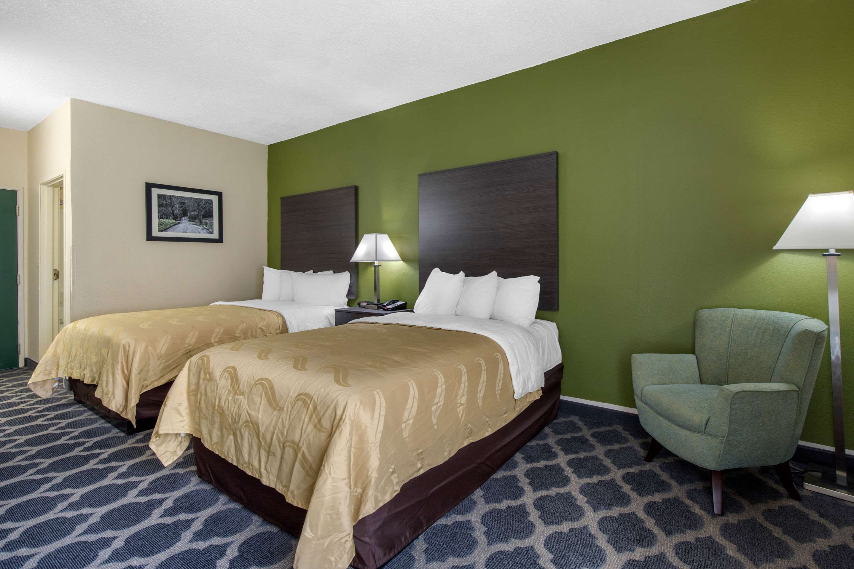 Habitación de hotel con dos camas, una pared verde y una alfombra estampada.