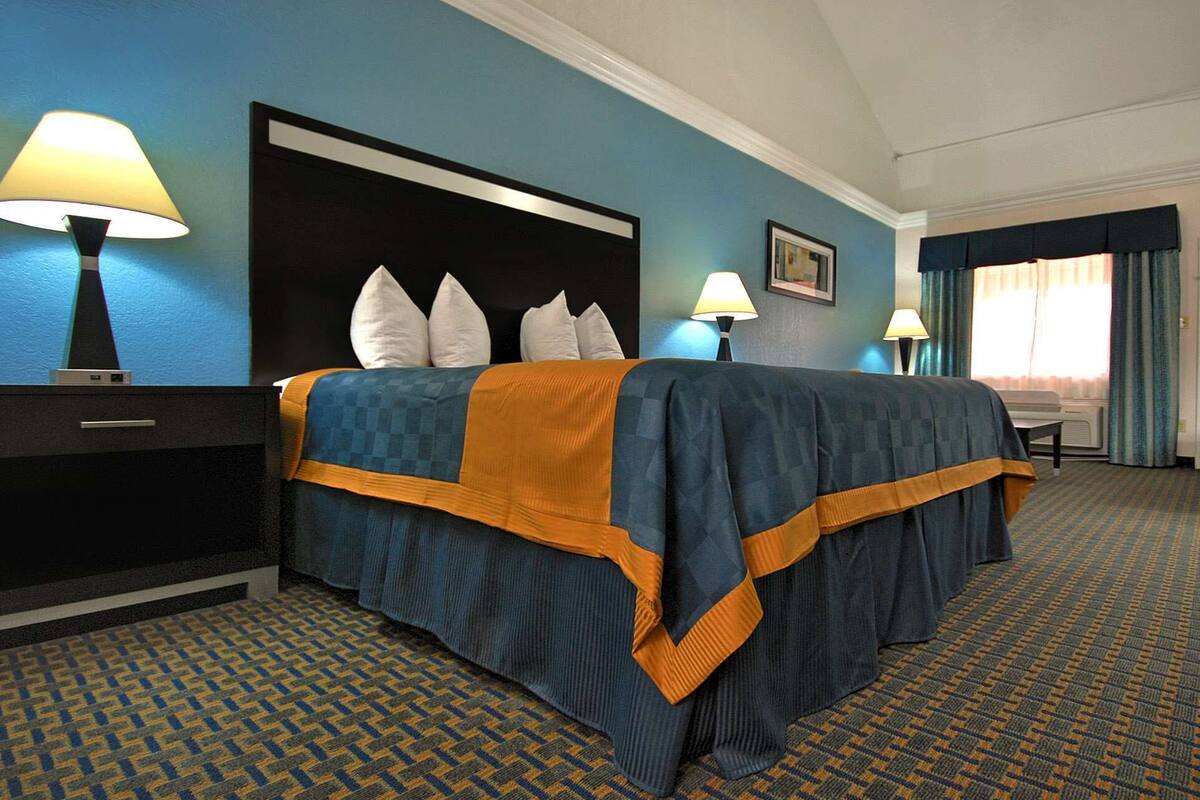 Una habitación de hotel con cama, dos lámparas de noche, cómoda, ventana con cortinas y piso alfombrado.