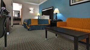 Une chambre d’hôtel avec un lit, un canapé, un bureau, une lampe, une télévision et un tableau au mur.