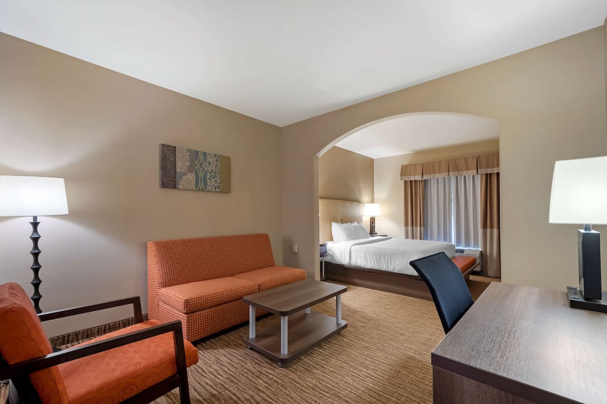 A hotel room with a bed, a sofa, a desk, and a lamp.